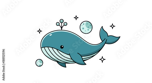 Cartoon whale illustration with bubbles and stars on white background