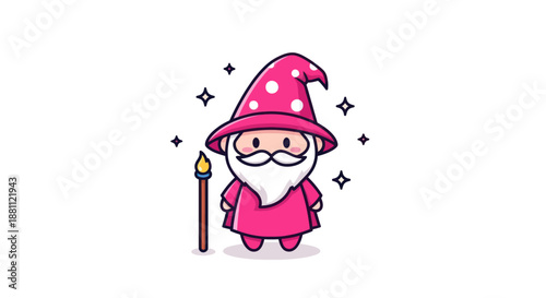 Cartoon wizard illustration magic character with wand and sparkling stars
