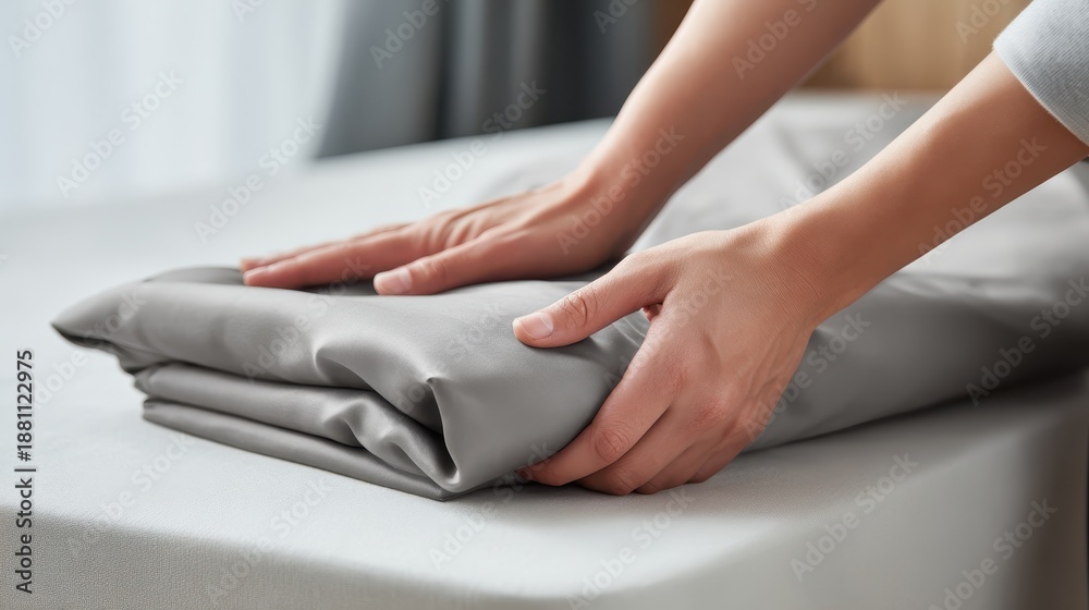 Fototapeta premium Woman's hands neatly folding laundry, stacking soft, clean bed linen directly on a mattress, emphasizing domestic chores, home organization, and household work