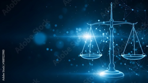 A glowing blue scales of justice with a bright light shining behind it symbolizing balance and fairness in a celestial or mystical context