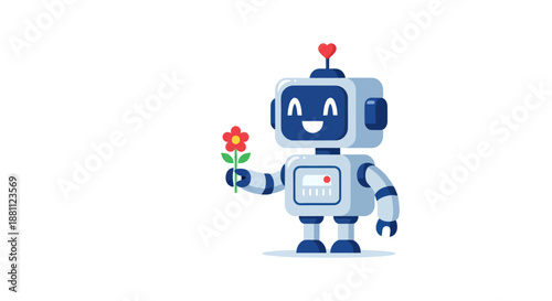 Cheerful robot holding a flower against white background cartoon illustration