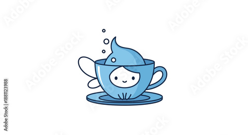 Cute cartoon character in a teacup illustration with light blue color scheme