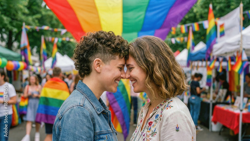 Joyful lesbian couple sharing an intimate moment, touching foreheads at a colorful LGBTQ Pride festival filled with rainbow flags.