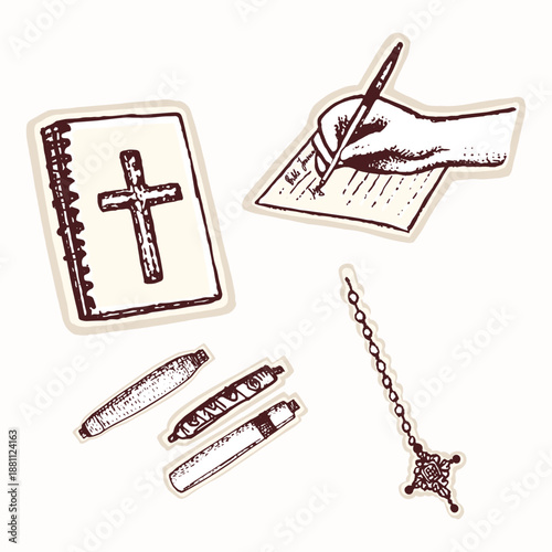 Hand drawn bible book with journaling pens , hand writing notes, christian cross .Simple isolated vector motif set or pretty bible aesthetic sticker style clip art . Verse mapping womens bible study