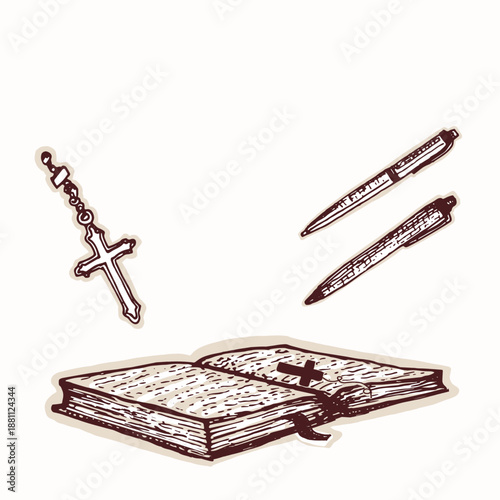 Hand drawn open bible book with journaling pens and christian cross .Simple isolated vector motif for pretty bible aesthetic sticker style clip art for verse mapping and womens bible study copy space