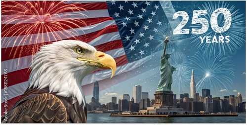 American independence celebration with bald eagle Statue of Liberty fireworks and USA flag over New York.