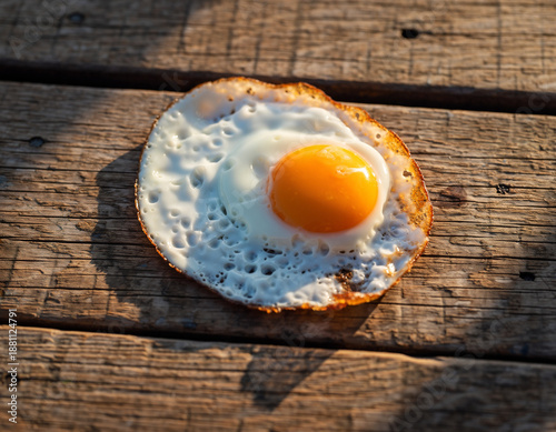 fried egg on wooden table