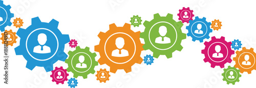Business teamwork and social network concept with colorful gears and people silhouettes connected in a mechanism for cooperation partnership leadership and corporate management.