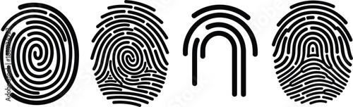 Collection of minimalist fingerprint silhouettes for cybersecurity, law enforcement evidence, privacy protection, and mobile touch id access control interface design.