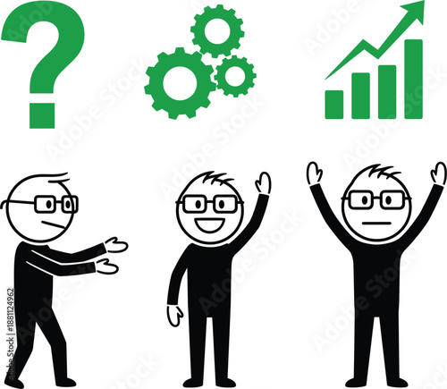 Green business process vector icons with stick figures representing problem solving, teamwork, strategic planning, and financial growth success concepts for corporate presentations.