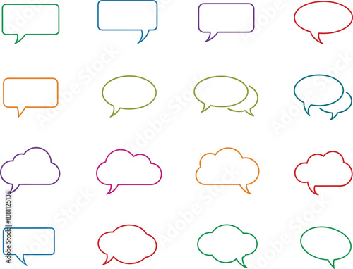 Set of colorful speech bubble icons and chat box outlines for social media communication, digital marketing, messaging apps, and online customer support interface design.