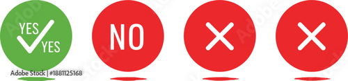 Set of green check mark yes and red cross no circle icons for decision making voting survey results and user interface feedback symbols isolated on white background.