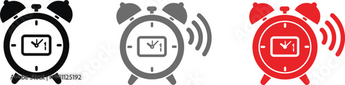 Set of vintage twin bell alarm clock icons in black grey and red colors isolated on white background for time management scheduling and morning wake up concepts.