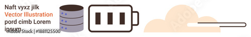 Data management, technology infrastructure, energy efficiency, connection, digital storage, cloud services. Database, battery symbol and cloud with progress bar . Data management and technology