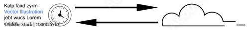 Time management, technology transfer, cloud storage, data exchange, speed, communication. Clock with arrows pointing to a cloud. Time management and technology transfer concept