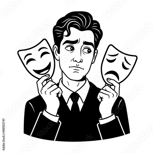 young man actor holding tragedy and comedy masks, sad and happy emotions sketch