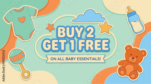 Soft pastel buy two get one free banner for baby essentials sales promotion