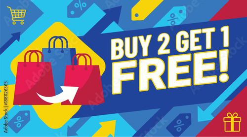 Modern shopping bag promotion banner featuring buy two get one free sales offer