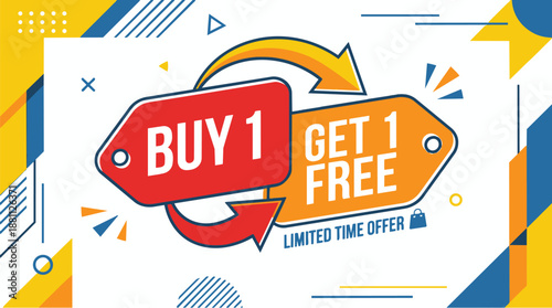 Bold buy one get one free promotional banner with arrows and modern flat design