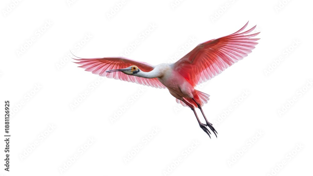Obraz premium Roseate spoonbill in flight with vibrant pink wings spread wide
