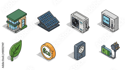 Sustainable energy icons: eco-friendly, isometric solar, battery, leaf, house designs