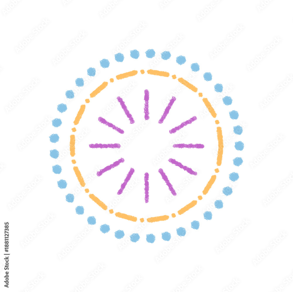 Obraz premium Chalk firework burst shines in a colorful circle. Starburst spark and festive symbol add celebration and magic. This graphic suits any holiday theme or party card, round shape on white background.