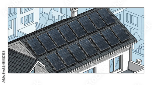 Residential solar panels on roof in cityscape isometric style