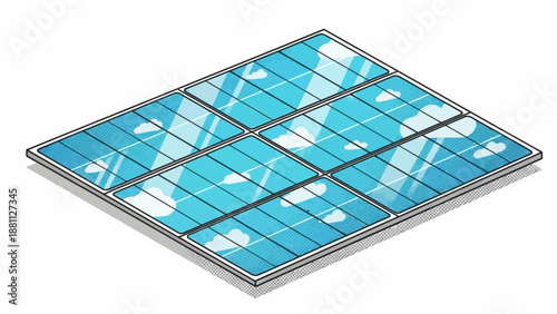 Solar panel with reflective clouds in isometric style
