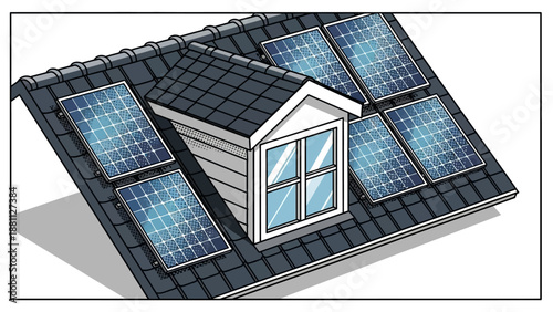 Rooftop solar panels on a dormer roof with clean energy concept in comic style
