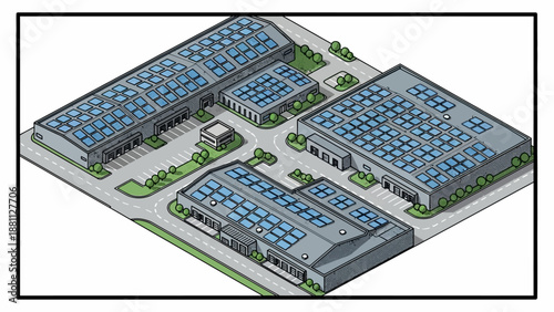 Isometric industrial complex with solar panels and green spaces