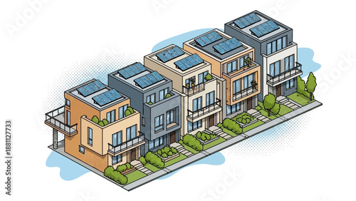 Modern isometric urban housing with solar panels and green spaces