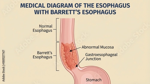 Medical illustration of normal esophagus and Barrett's esophagus