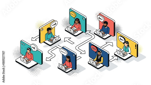 Isometric remote team collaboration concept with diverse professionals in virtual meeting spaces