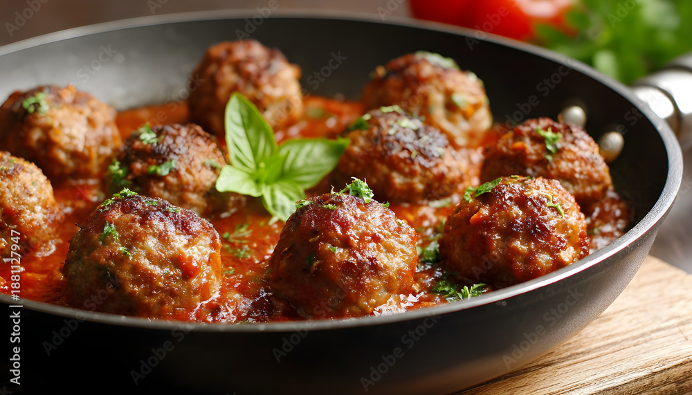 Fototapeta premium Fried meatballs with sauce on pan