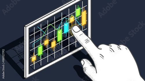 Hand interacting with 3d candlestick chart on dark background