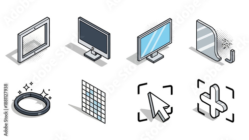 Isometric technology and interface icons with mirrors and screens