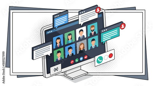 Online meeting concept with chat bubbles and diverse team on computer screen