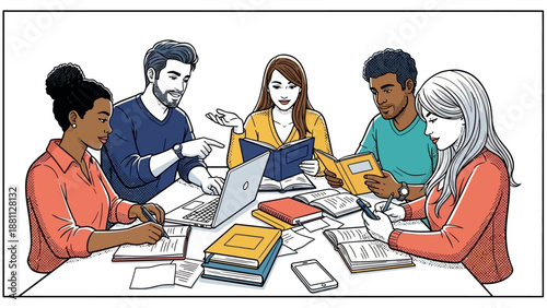 Group of students collaborating in modern comic style study session