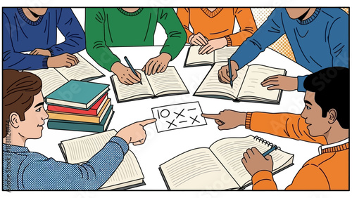 Collaborative study group working on math problems in pop art style