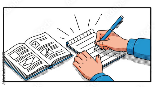 Hands taking notes: comic style study session with open book and pen