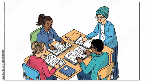 Diverse group of students studying together at a table in a modern classroom setting