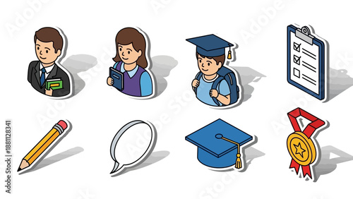 School icons set: students, education tools, and graduation symbols in 3d style
