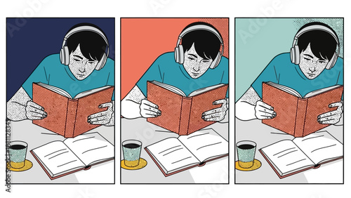 Pop art style reading panels featuring person with headphones