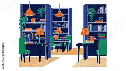 Cozy library with bookshelves and lamps in a flat illustration style