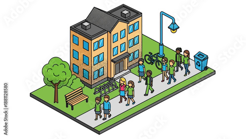 Isometric city block with people walking near a modern building