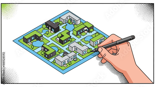 Hand drawing isometric urban layout with modern houses and green spaces