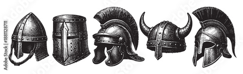 Detailed etching shows various helmet designs: Viking, Roman, knight, and crusader, isolated on a crisp white background, evoking a sense of history.
