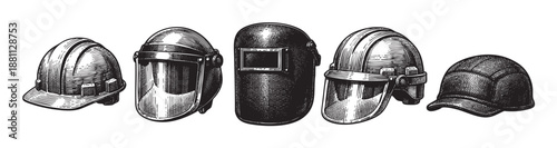 Illustration showcases various protective headgear: hard hats, helmets, and a welding mask, all in black and white engraving style, symbolizing safety and construction.