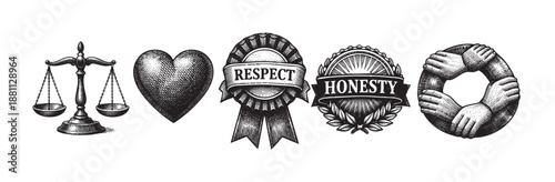 Engraved illustration depicts scales, heart, respect badge, honesty badge, and circle of hands, symbolizing diverse ethical values, integrity, fairness, and concepts.