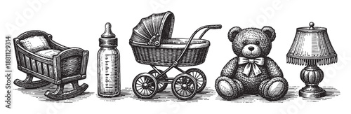 Detailed engraved illustration of a baby nursery setup featuring a cradle, bottle, stroller, teddy bear, and lamp in a classic vintage style.